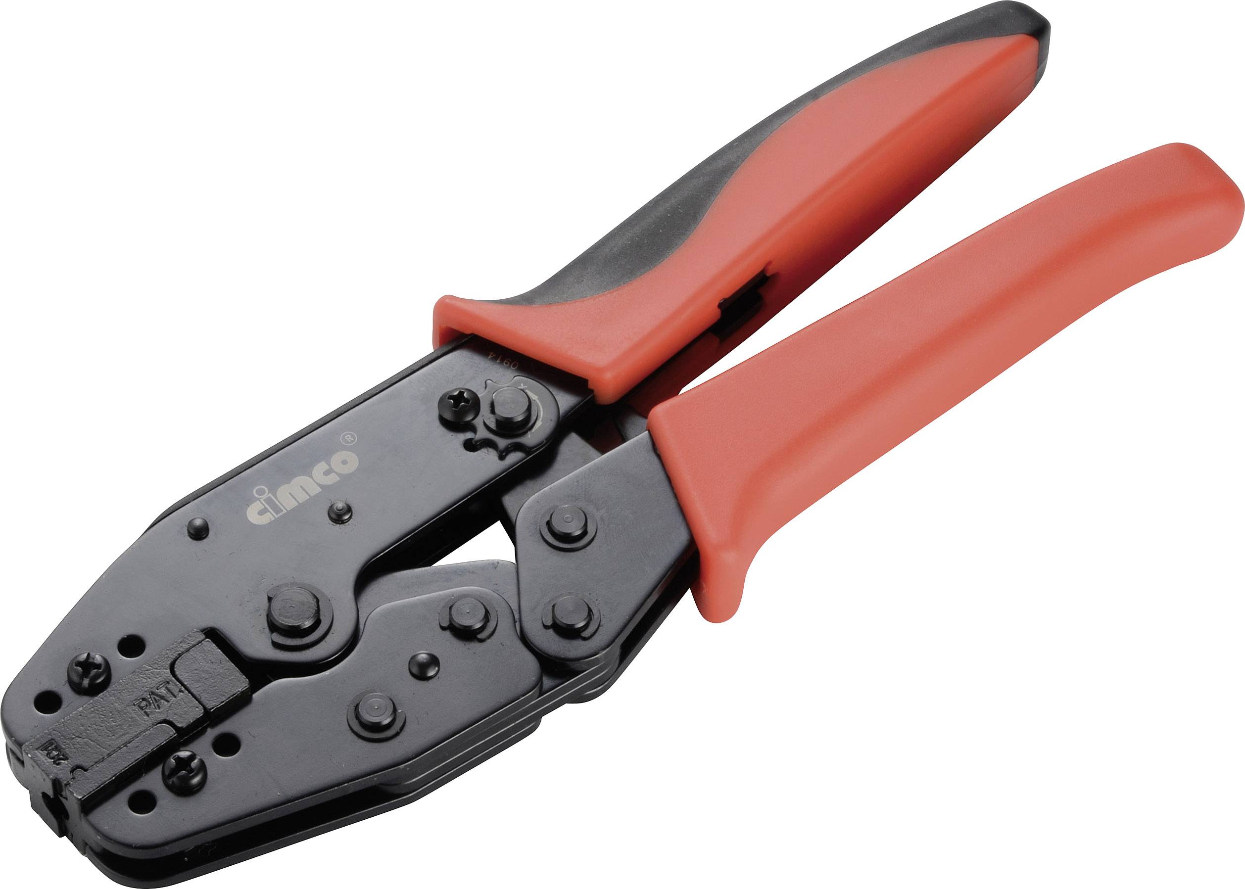 Schwarz-rote Crimpzange, Design mit Hebelwirkung zur Verbindung von Kabeln und Steckern.