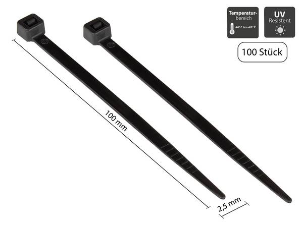 Good Connections® Kabelbinder 100 mm x 2,5 mm, schwarz, UL, UV-resistent, -40 °C bis +85 °C, 100 Stück