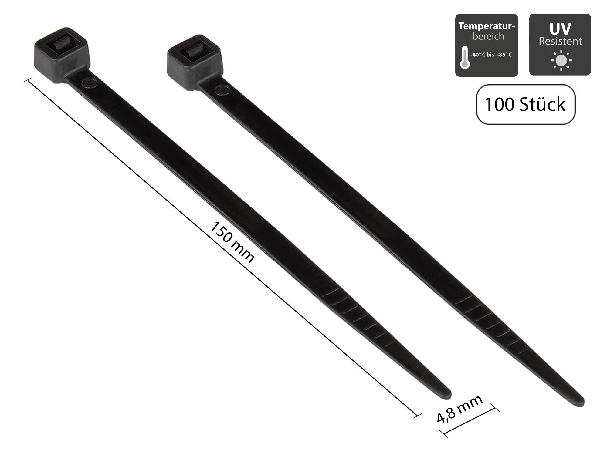 Kabelbinder 150 mm x 3,6 mm, schwarz, UL, UV-resistent, -40 °C bis +85 °C, 100 Stück-0