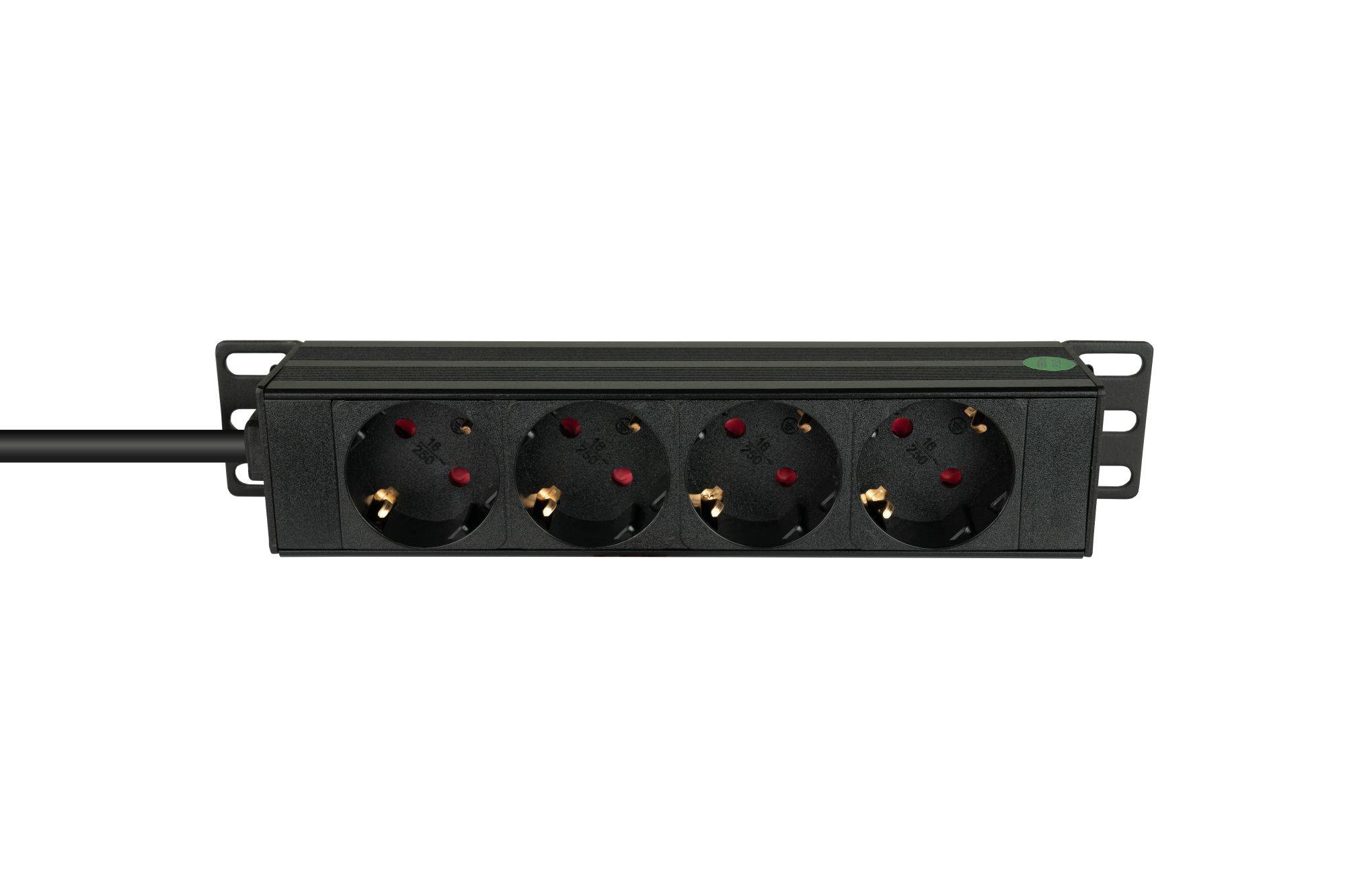 Kabelmeister® 10" Steckdosenleiste, 1HE, Kaltgeräte-Stecker C14 an 4x Schutzkontakt-Buchse, Aluminiumprofil, schwarz-0