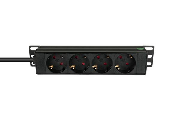 Kabelmeister® 10" Steckdosenleiste, 1HE, Kaltgeräte-Stecker C14 an 4x Schutzkontakt-Buchse, Aluminiumprofil, schwarz