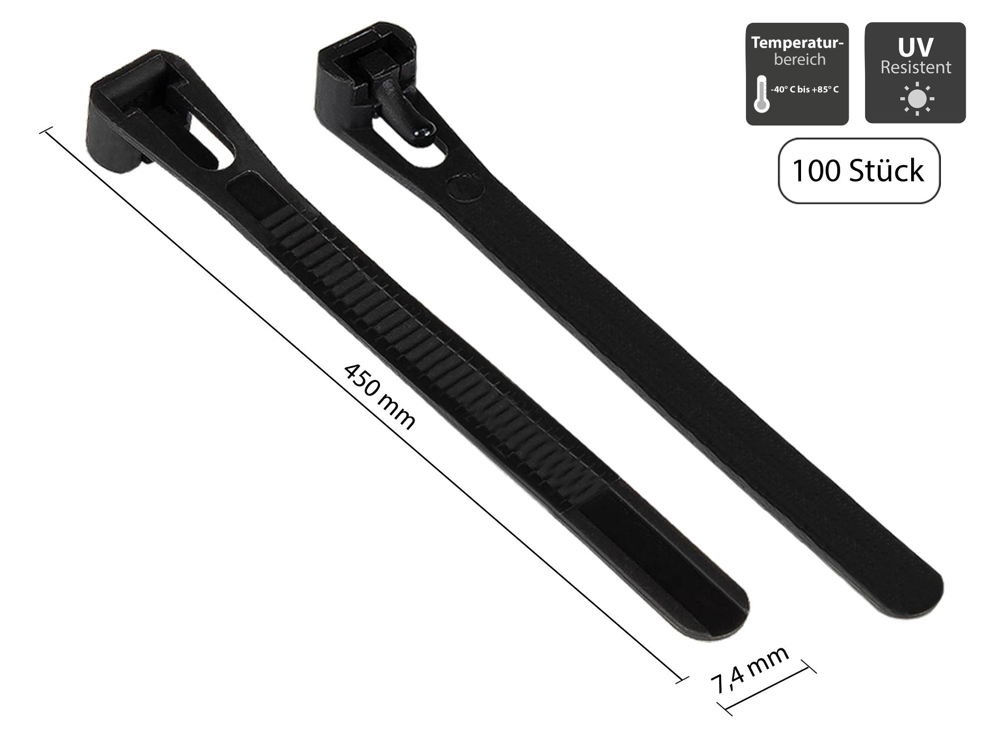 Kabelmeister® Wiederverwendbarer Kabelbinder 450 mm x 7,4 mm, schwarz, UV-resistent, -40 °C bis +85 °C, 100 Stück-0
