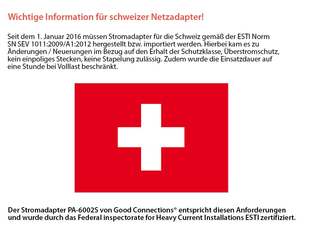 Good Connections® Stromadapter Schweiz Netz-Stecker (SEV1011, gerade) an Schutzkontakt-Buchse Typ F, SEV, schwarz, Goo-2