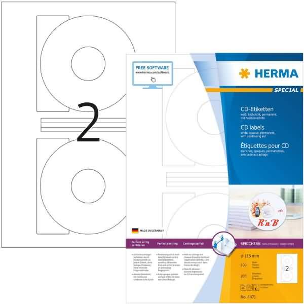 CD-Etiketten A4, Ø 116 mm (Innenloch groß), weiß, blickdicht, permanent haftend