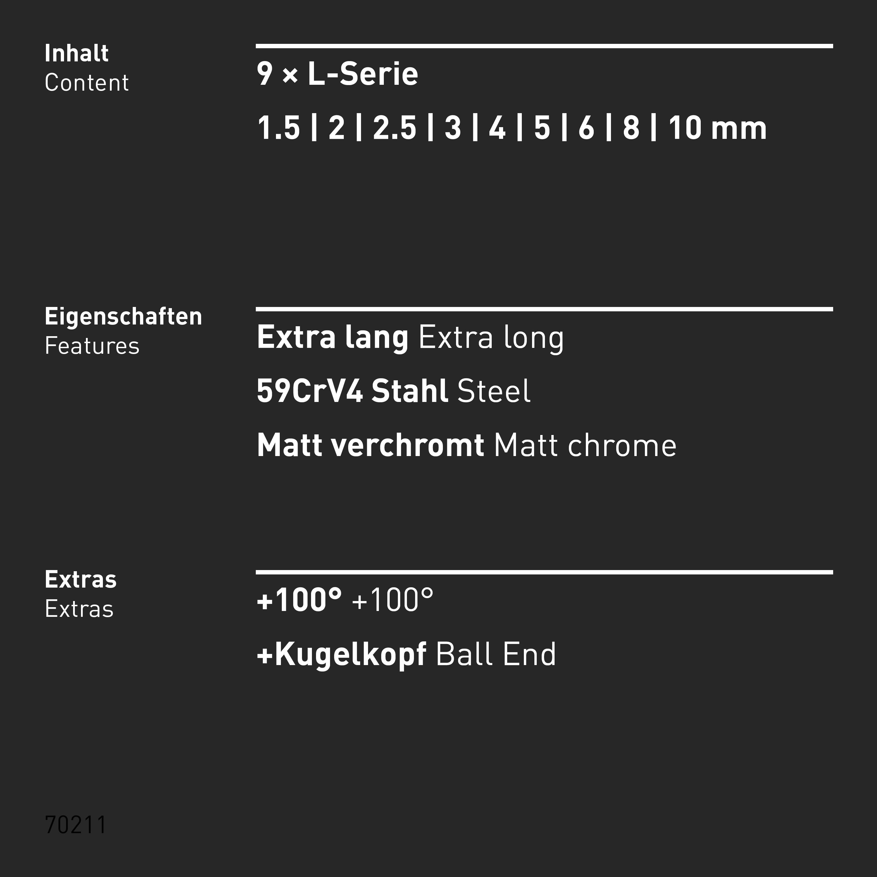 INBUS® Innen-Sechskant Winkelschraubendreher-Set 100° mit Kugelkopf 9teilig 1.5 bis 10 mm XL - Made in Germany-3