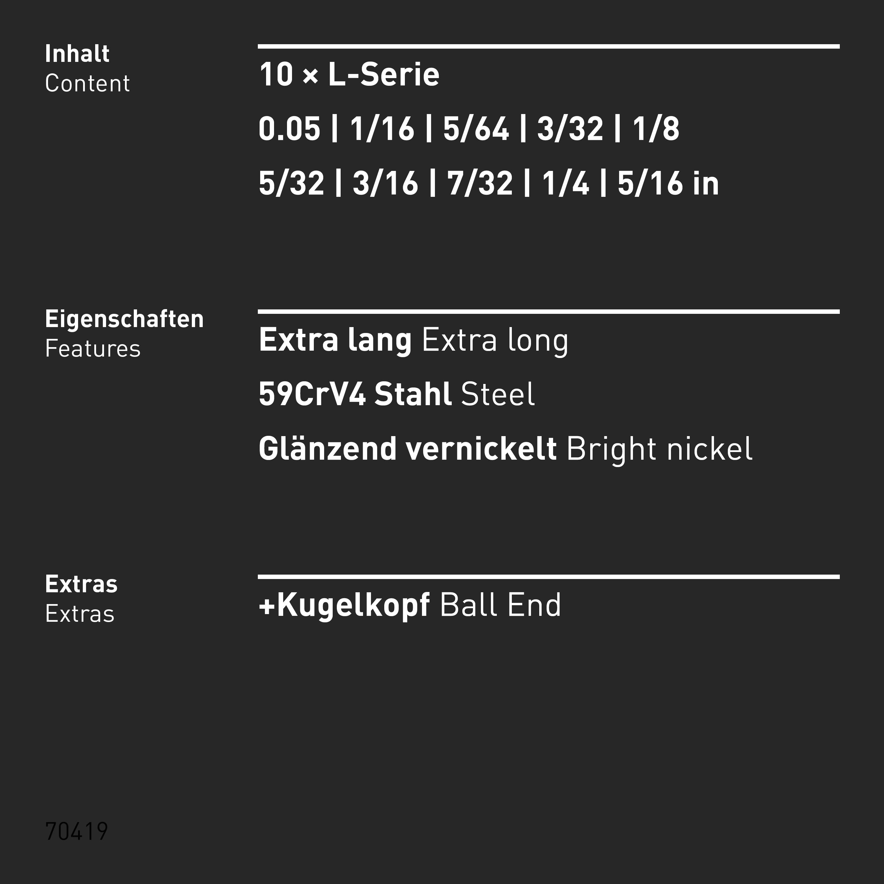 INBUS® Innen-Sechskant Winkelschraubendreher-Set mit Kugelkopf 10tlg. 0.055/16 Zoll XL - Made in Germany-3
