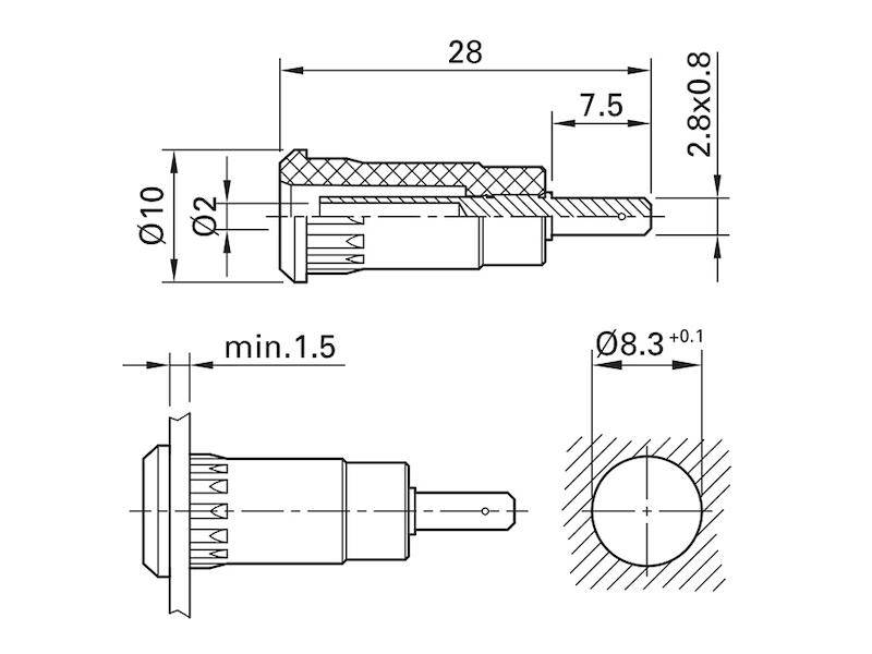 Stäubli SEB2-F2,8 Einpressbuchse 2 mm rot vergoldet mit Flachstecker 2,8 mm-2