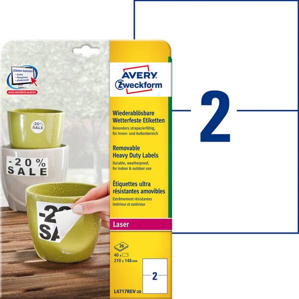 Avery Zweckform - Polyester - matt - entfernbarer Klebstoff - weiß - 210 x 148 mm 40 Etikett(en) (20 Bogen x 2)