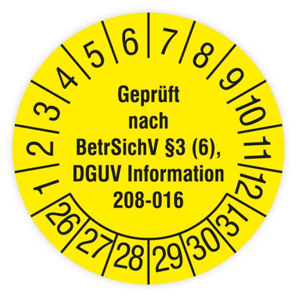 Prüfplakette, Geprüft nach BetrSichv §3 (6), DGUV Information 208-016, 2026, Standardf., Ø30mm, Heft