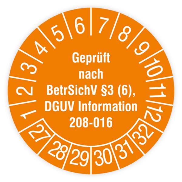 Prüfplakette, Geprüft nach BetrSichv §3 (6), DGUV Information 208-016,2027,Dokumentenf., Ø30mm, Heft