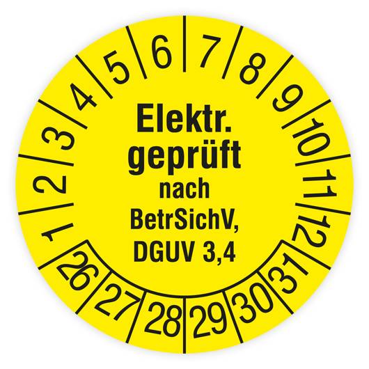 Prüfplakette, Elektr. geprüft nach BetrSichV, DGUV 3,4, 2026, Standardfolie, Ø 15 mm, Heft-0