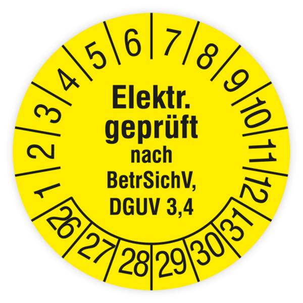Prüfplakette, Elektr. geprüft nach BetrSichV, DGUV 3,4, 2026, Standardfolie, Ø 15 mm, Heft