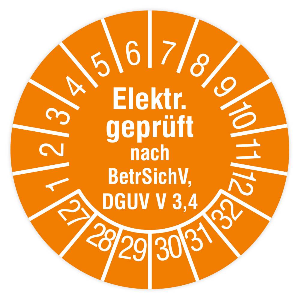 Prüfplakette, Elektr. geprüft nach BetrSichV, DGUV V 3,4, 2027, Standardfolie, Ø 15 mm, Heft-0