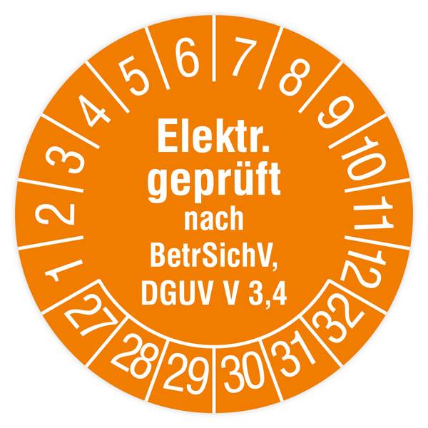 Prüfplakette, Elektr. geprüft nach BetrSichV, DGUV V 3,4, 2027, Standardfolie, Ø 30 mm, Heft