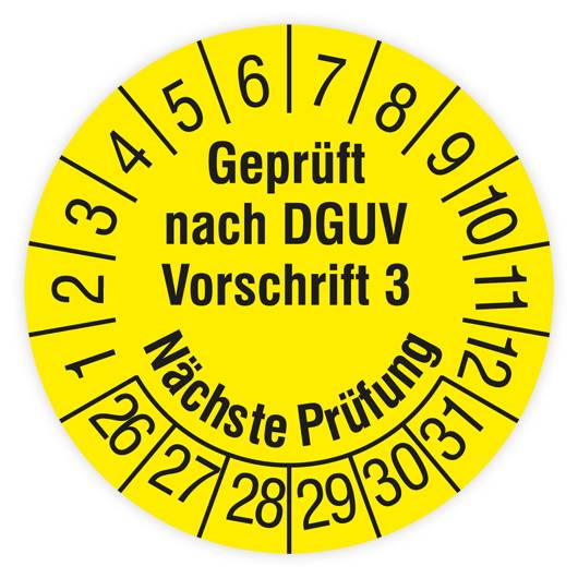 Prüfplakette, Geprüft nach DGUV Vorschrift 3, Nächste Prüfung, 2026, Standardfolie, Ø 15mm, Heft-0