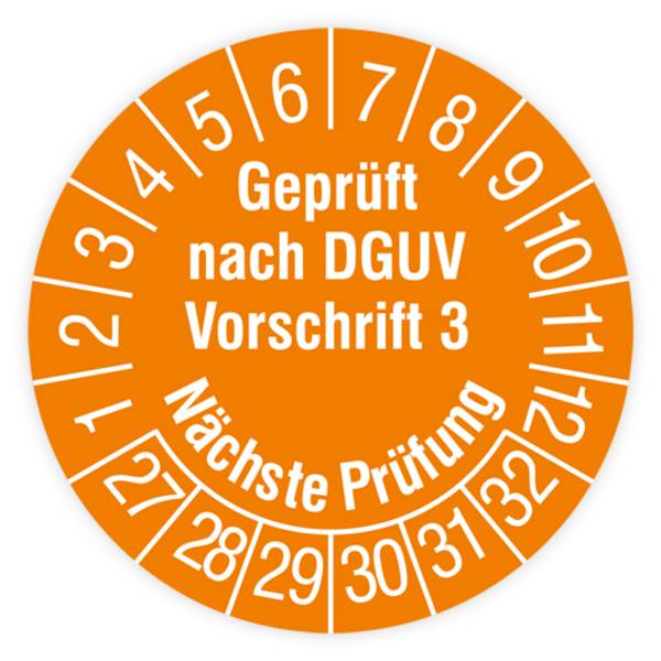 Prüfplakette, Geprüft nach DGUV Vorschrift 3, Nächste Prüfung, 2027, Standardfolie, Ø 30mm, Heft