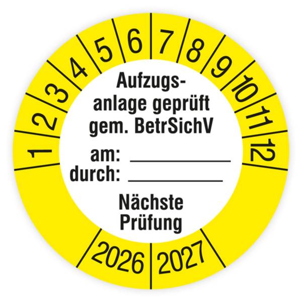 Prüfplakette, Aufzugsanlage geprüft gem. BetrSichV, 2026, Dokumentenfolie, Ø 40 mm, Heft