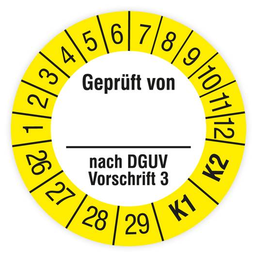 Prüfplakette, Geprüft von… nach DGUV Vorschrift 3, K1/K2, 2026, Dokumentenfolie, Ø 15 mm, Heft-0