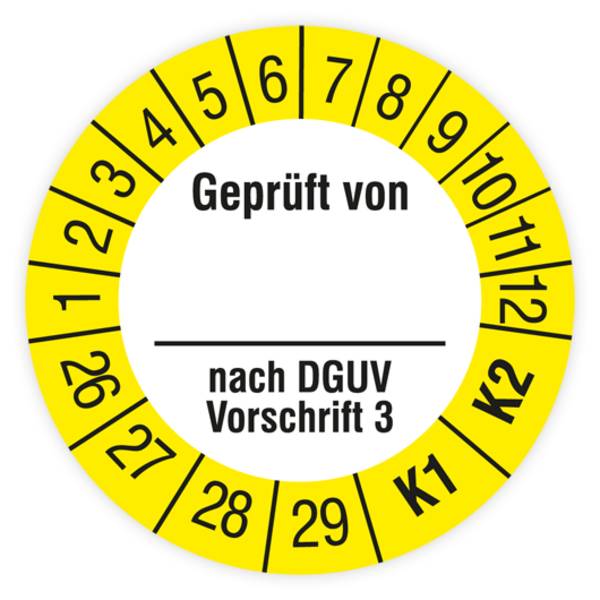 Prüfplakette, Geprüft von… nach DGUV Vorschrift 3, K1/K2, 2026, Dokumentenfolie, Ø 15 mm, Heft