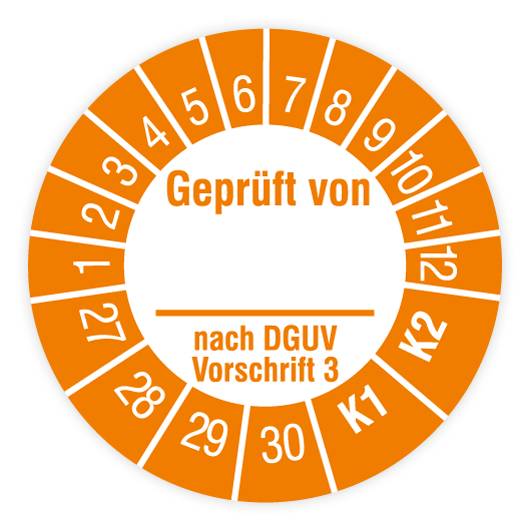 Prüfplakette, Geprüft von… nach DGUV Vorschrift 3, K1/K2, 2027, Dokumentenfolie, Ø 15 mm, Heft-0