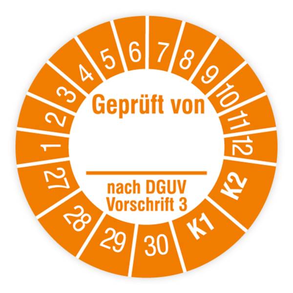 Prüfplakette, Geprüft von… nach DGUV Vorschrift 3, K1/K2, 2027, Dokumentenfolie, Ø 15 mm, Heft