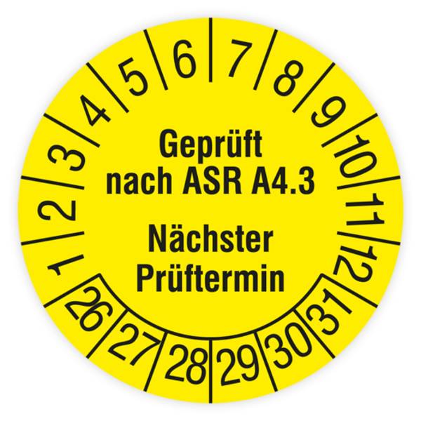 Prüfplakette Erste Hilfe Ausrüstung, Gepr. n. ASR A4.3 Nächster Prüft.,2026, Standardf., Ø30mm, Heft