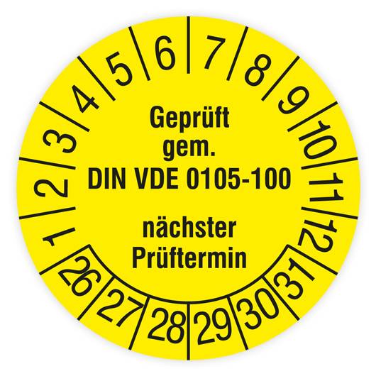Prüfplakette, Geprüft gem. DIN VDE 0105-100, nächster Prüftermin, 2026, Standardf., Ø15mm, Heft-0