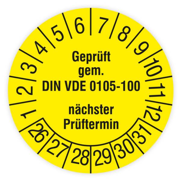 Prüfplakette, Geprüft gem. DIN VDE 0105-100, nächster Prüftermin, 2026, Standardf., Ø15mm, Heft