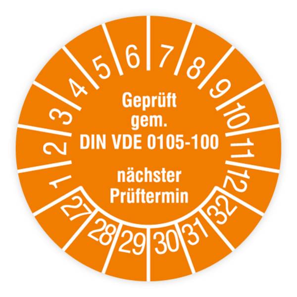 Prüfplakette, Geprüft gem. DIN VDE 0105-100, nächster Prüftermin,2027,Dokumentenf., Ø15mm, Heft