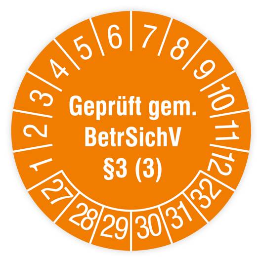 Prüfplakette für Leitern und Tritte, Geprüft gem. BetrSichV §3 (3), 2027, Dokumentenf., Ø 30mm, Heft-0