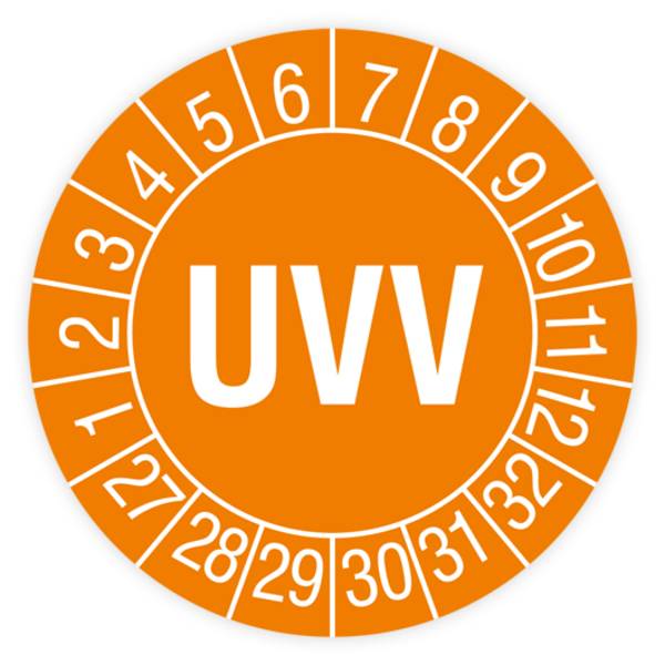 Prüfplakette Unfallverhütungsvorschrift, UVV, 2027, Standardfolie, Ø 30 mm, Heft