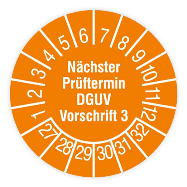 Prüfplakette, Nächster Prüftermin - DGUV Vorschrift 3, 2027, Dokumentenfolie, Ø 15 mm, Heft