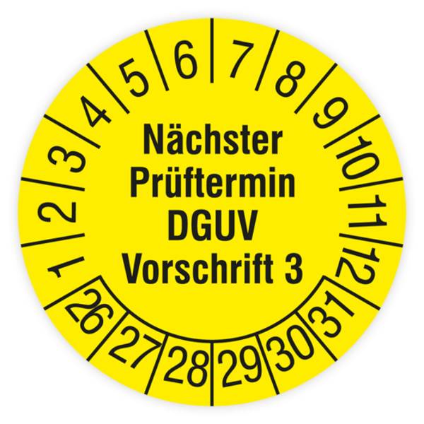 Prüfplakette, Nächster Prüftermin - DGUV Vorschrift 3, 2026, Dokumentenfolie, Ø 15 mm, Heft