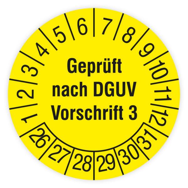 Prüfplakette, Geprüft nach DGUV Vorschrift 3, 2026, Dokumentenfolie, Ø 15 mm, Heft