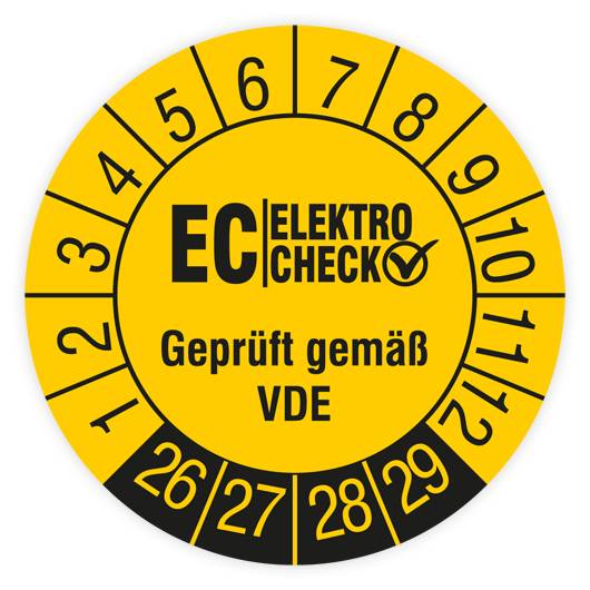Prüfplakette, EC Elektro Check - Geprüft gemäß VDE, 2026, Standardfolie, Ø 30 mm, Heft-0