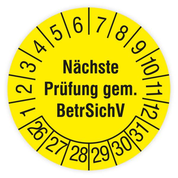 Prüfplakette, Nächste Prüfung gem. BetrSichV, 2026, Dokumentenfolie, Ø 15 mm, Heft