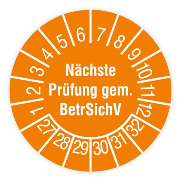 Prüfplakette, Nächste Prüfung gem. BetrSichV, 2027, Dokumentenfolie, Ø 15 mm, Heft