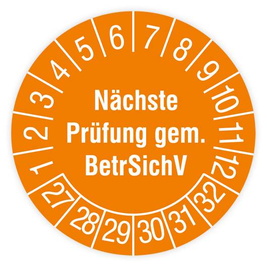 Prüfplakette, Nächste Prüfung gem. BetrSichV, 2027, Dokumentenfolie, Ø 30 mm, Heft-0