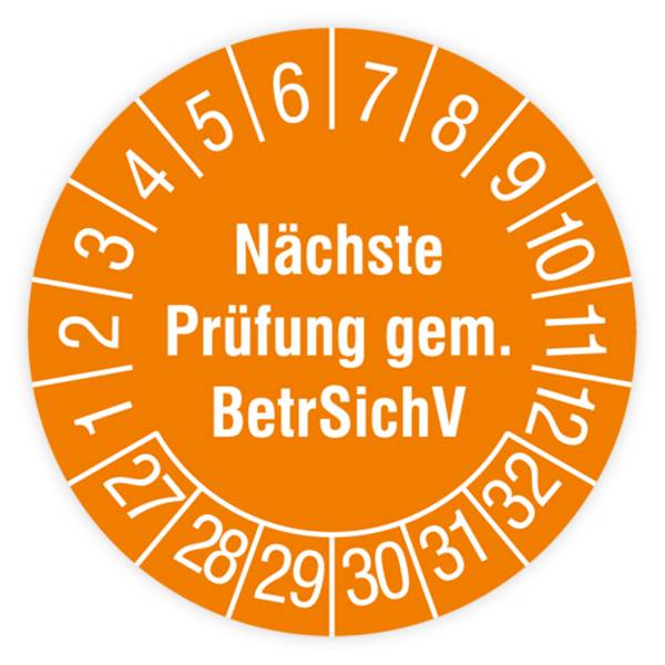 Prüfplakette, Nächste Prüfung gem. BetrSichV, 2027, Dokumentenfolie, Ø 30 mm, Heft