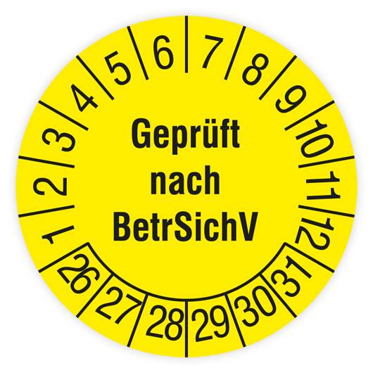 Prüfplakette, Geprüft nach BetrSichV, 2026, Standardfolie, Ø 30 mm, Heft-0