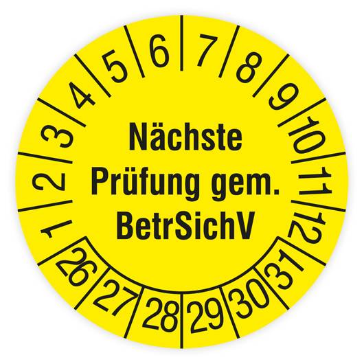Prüfplakette, Nächste Prüfung gem. BetrSichV, 2026, Dokumentenfolie, Ø 30 mm, Heft-0