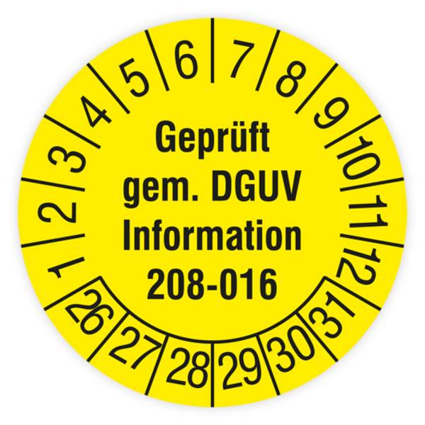 Prüfplakette, Geprüft gem. DGUV Information 208-016, 2026, Standardfolie, Ø 30 mm, Heft