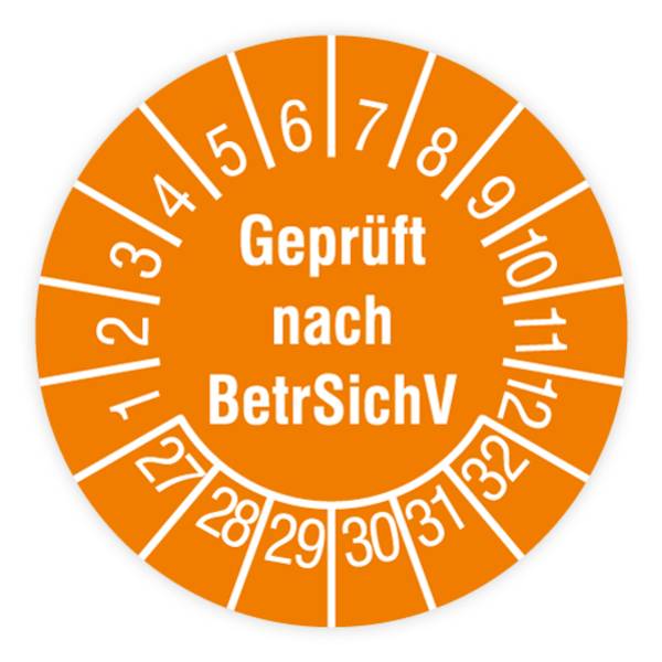 Prüfplakette, Geprüft nach BetrSichV, 2027, Dokumentenfolie, Ø 15 mm, Heft
