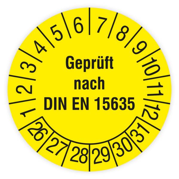 Prüfplakette, Geprüft nach DIN EN 15635, 2026, Dokumentenfolie, Ø 30 mm, Heft