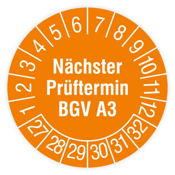 Prüfplakette, Nächster Prüftermin BGV A3, 2027, Standardfolie, Ø 30 mm, Heft