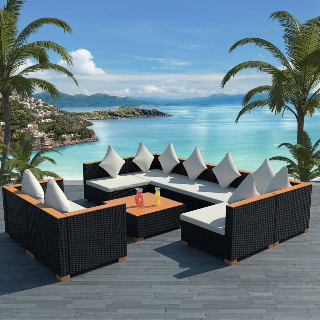 9-tlg. Garten-Lounge-Set mit Auflagen Poly Rattan Schwarz-0