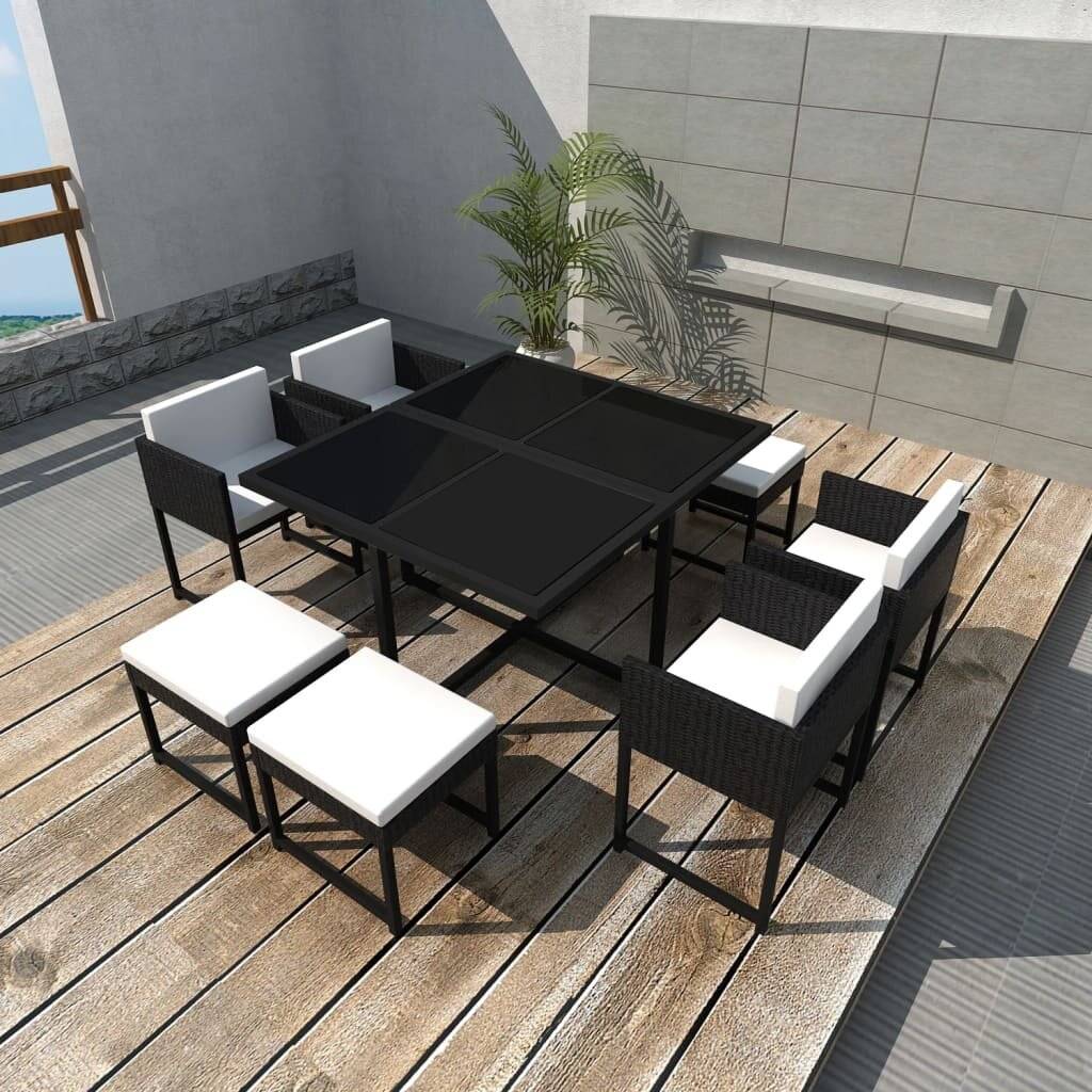 9-tlg. Garten-Essgruppe mit Auflagen Poly Rattan Schwarz-0