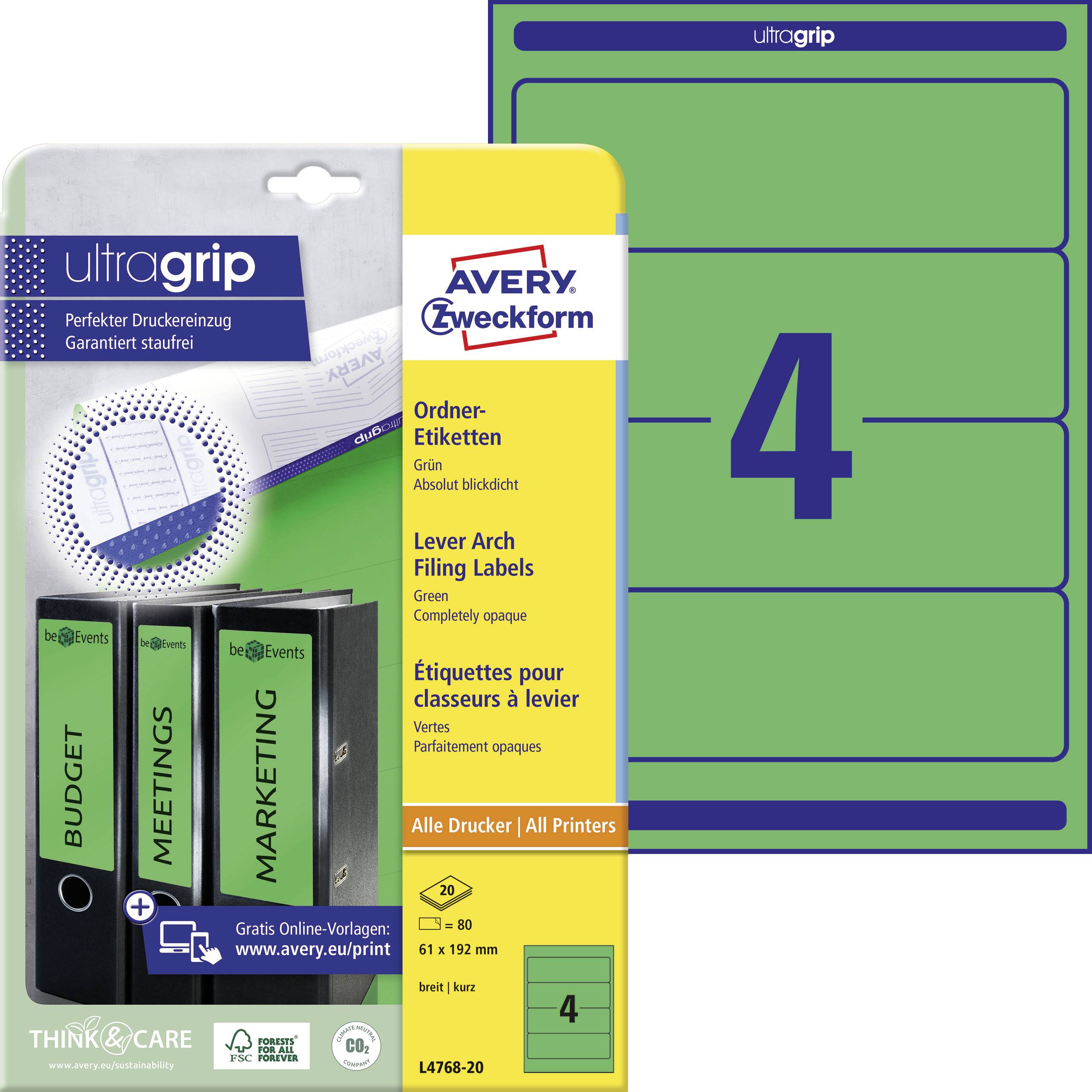 Avery Zweckform L4768-20 Ordner-Etiketten, A4 mit ultragrip, 61 x 192 mm, 20 Bogen/80 Etiketten, grün