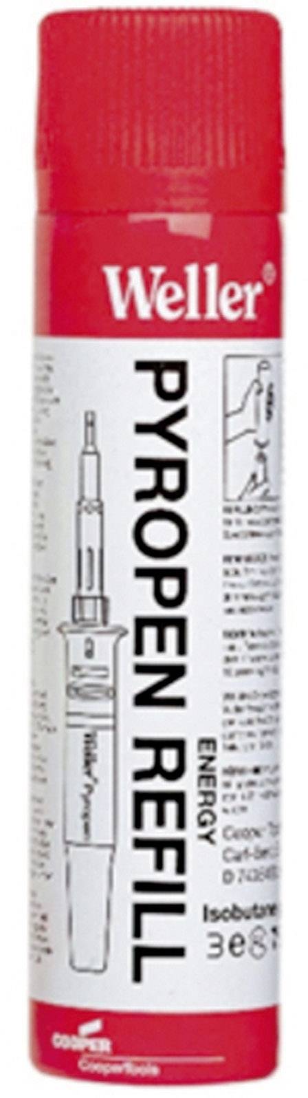 Rote Gasnachfüllflasche für einen Lötkolben der Marke Weller. Aufschrift: 'PYROPEN REFILL'. Produkt dient der Energieversorgung.