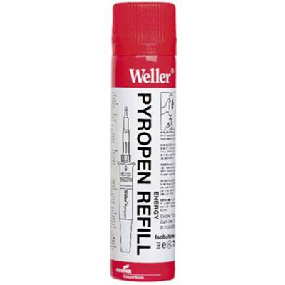 Rote Gasnachfüllflasche für einen Lötkolben der Marke Weller. Aufschrift: 'PYROPEN REFILL'. Produkt dient der Energieversorgung.